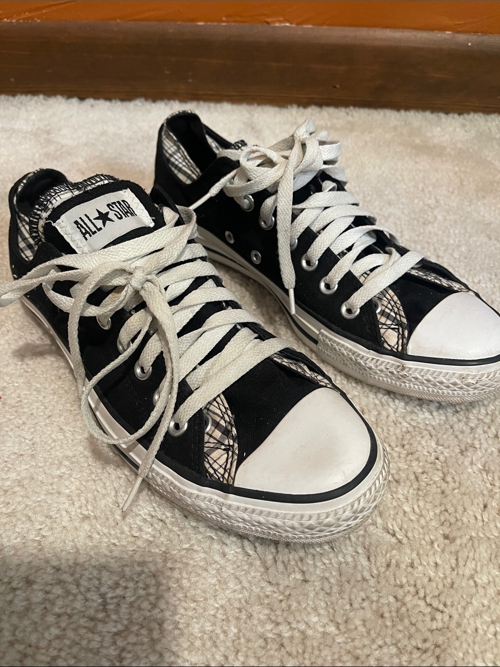 Converse Black & White Low Top Sneakers with Patterned Accents Double Tongue